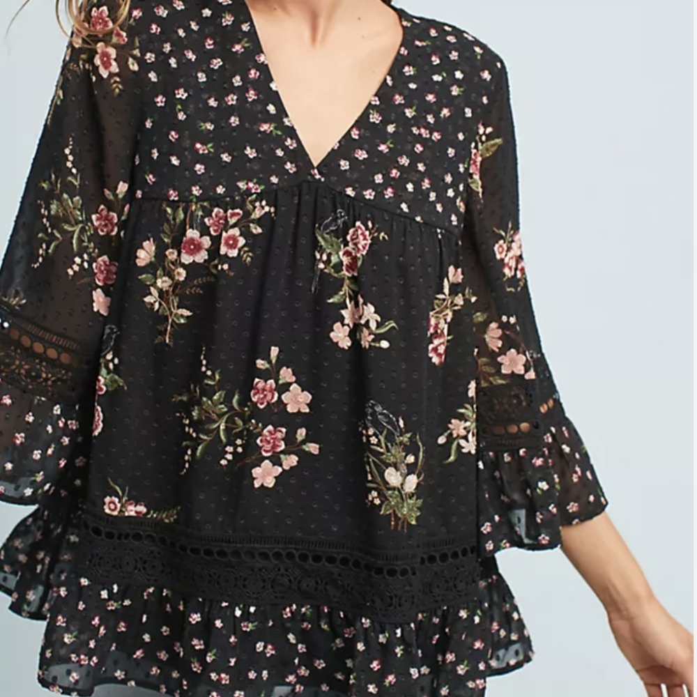 ANTHRO I Flowy Boho V-Neck Black w/ Pink Flowers Steffy Blouse Top by Maeve, XS